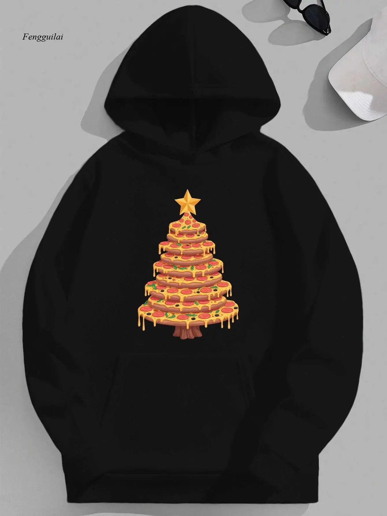 بلوفر بقلنسوة لعيد الميلاد بنمط شجرة البيتزا، هوديي فضفاض، مناسب لحفلات العطلات والارتداء الكاجوال #3