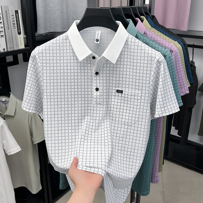 Herren Freizeithemd mit Gittermuster-Print, Reverskragen, Weichem Kurzarm-Poloshirt mit Gewebtem Patch, Tägliches Streetwear-Outfit