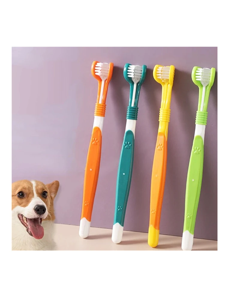 4pcs Colorful 3 Sided Dog Toothbrush Set Triple Head Pet Dental Brush for Small Medium Large Dogs Oral Care Cleaning Tool