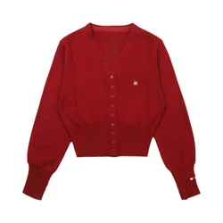 Luxury Women American Retro Style Vintage Knitted Cardigan Solid Color Sweaters V-Neck Embroidered Short Tops For Sweet Girls