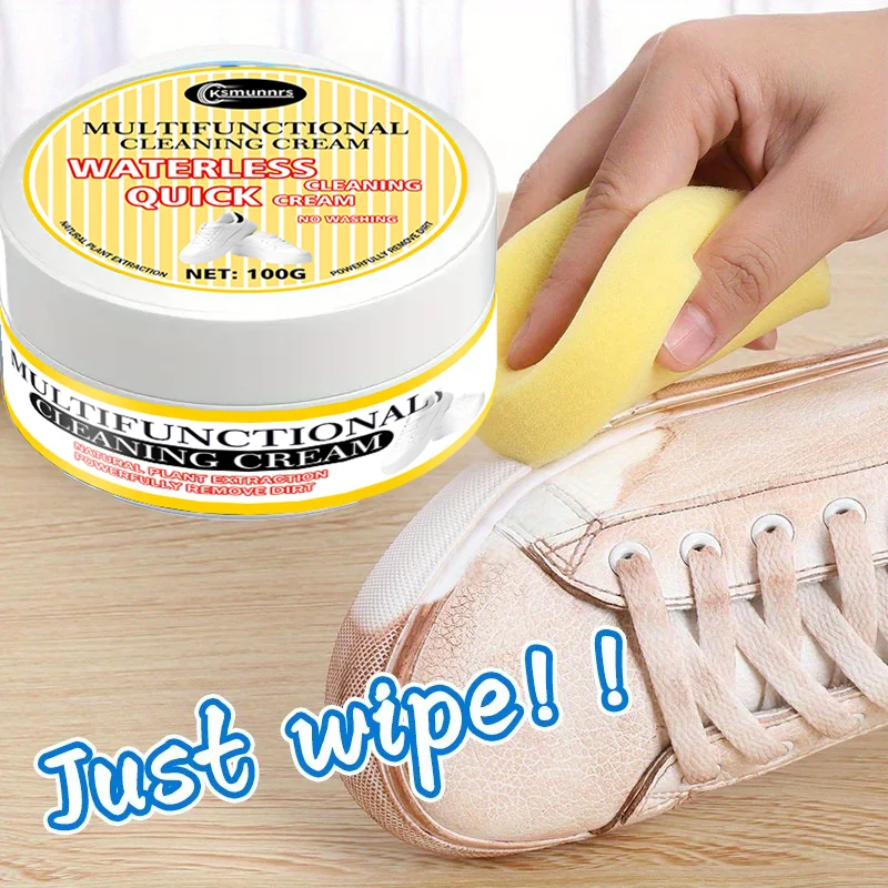 

White sneaker care cream, synthetic leather polish and restorer, multi-purpose care cream. Restores the original shine to shoes