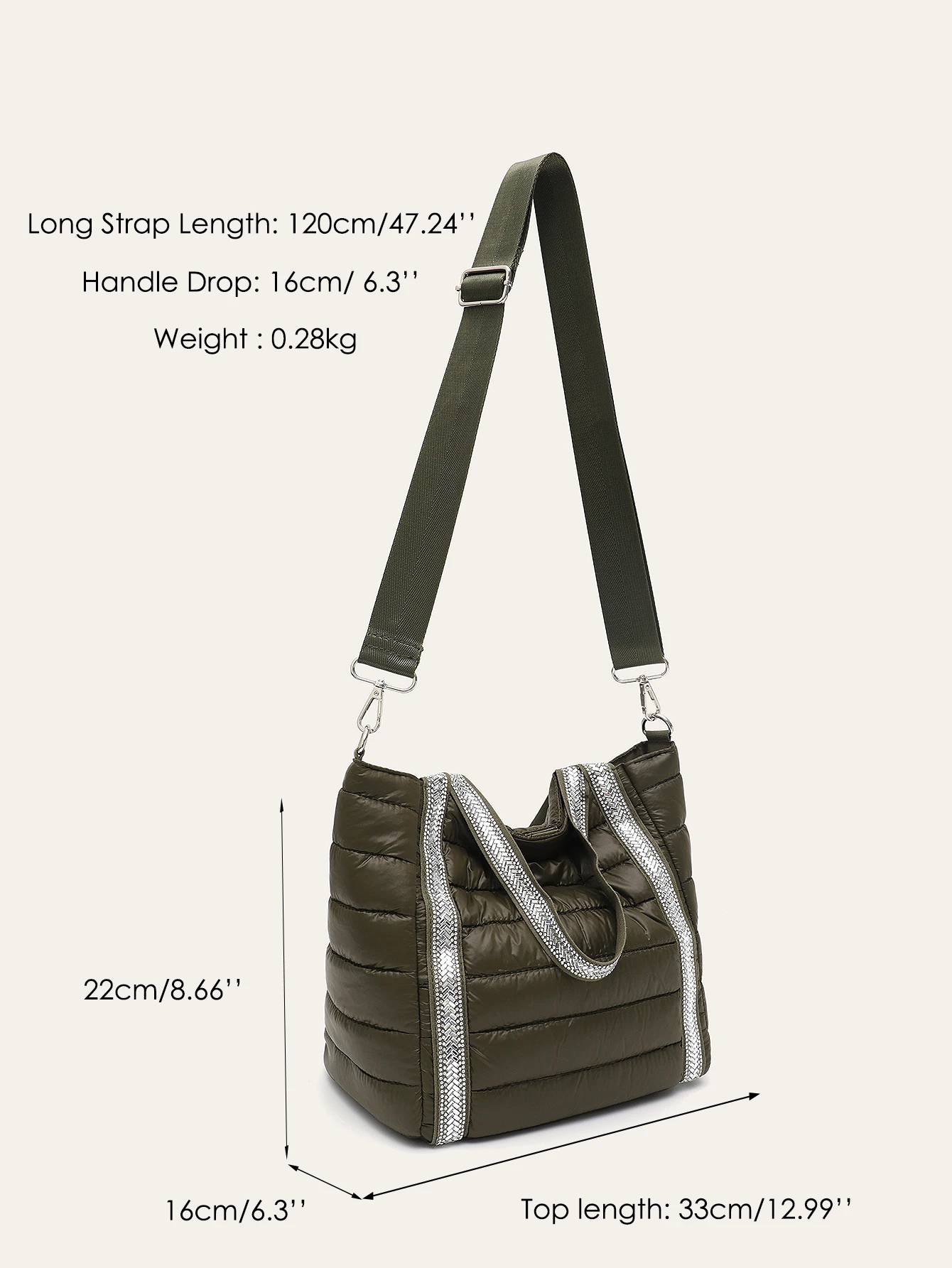 CR Women Luxury Rhinestones Decor Puff Handbag Quilted Soft Nylon Fabric Top Handle Shoulder Crossbody Tote Daily Casual Travel