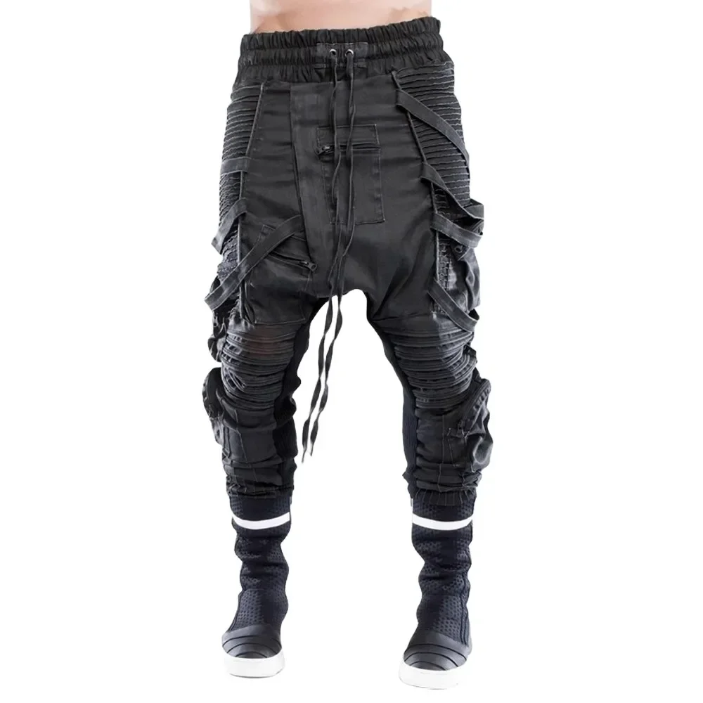 ABOORUN Men's Retro Heavy Irregular Ribbons Cargo Pants 3D Pockets Pencil Joggers Trousers for Male