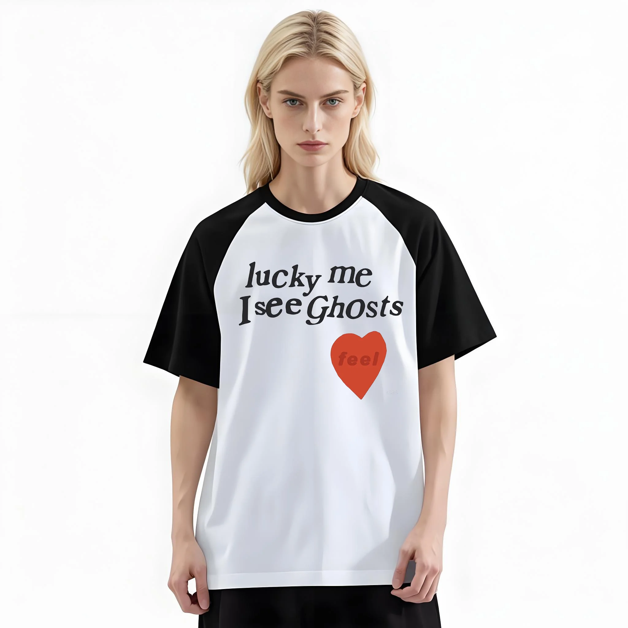 Women'S Fashion Raglan Sleeve T-Shirt, Lucky Me I See Ghosts Printed, Summer Casual Comfortable Tee, Women'S Everyday Short-Sleeve Top