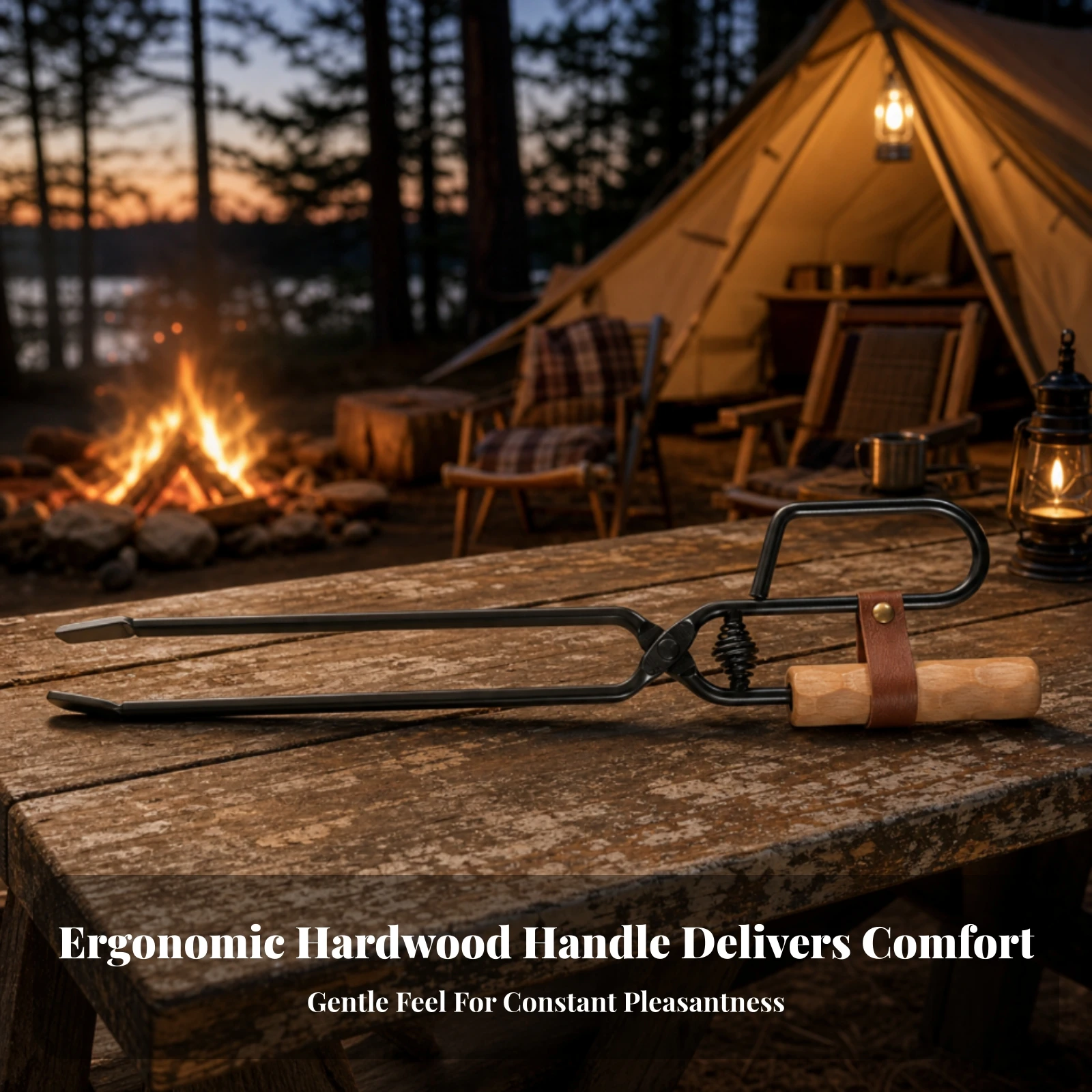 Fireplace Grabber with Wooden Handle Heavy-Duty Fireplace Tongs Firewood Tongs Black for Campers, Camping, Barbecue