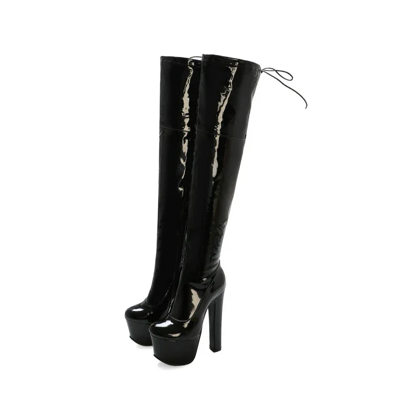 Patent Leather Red Sexy Super Thick High Heels Overknees Stretch Boots Platform Strippers Shoes Over-the-knees Big Size 46 45
