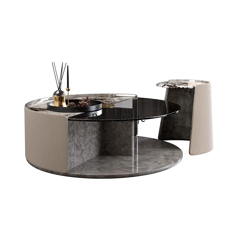 

55Italian minimalist round luxury stone coffee table modern simple light luxury villa high-end coffee table