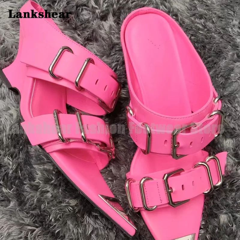 

Metal Belt Buckle Wedges Heels Slippers Women Shoes Summer Retro Punk Open Toe Pointy Toe Slippers Sandalias De Mujer Verano
