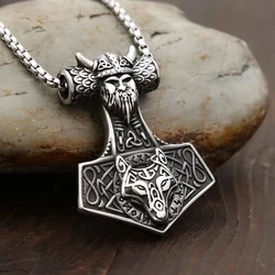 New Vintage Vikings Warrior With Wolf Pendant For Men Boys 316L Stainless Steel Nordic Hammer Necklace Amulet Jewelry Wholesale