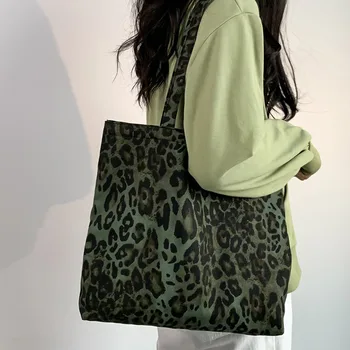 Grote Dames Boodschappentas 2024 Zomer Dames Canvas Schoudertassen Esthetische Groene Luipaard Mode Ecobag Doek Handtassen
