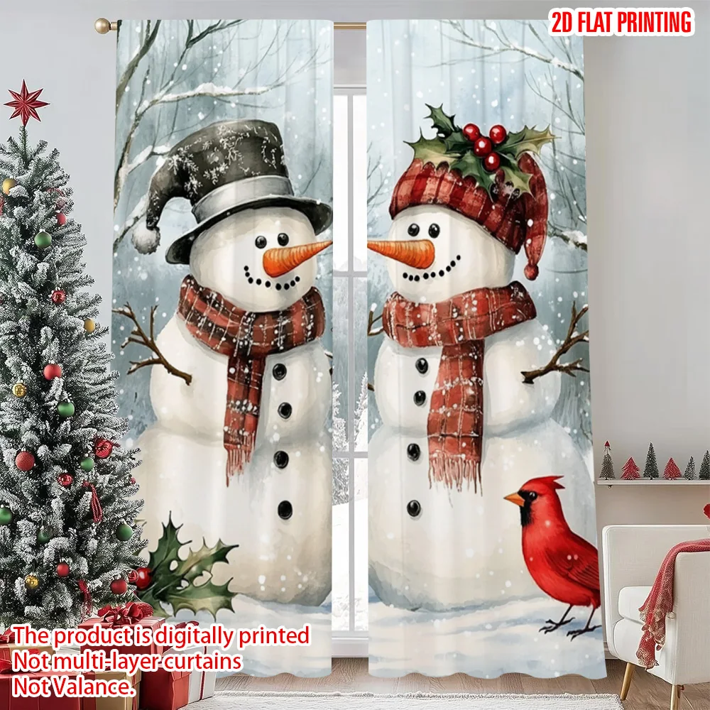 

2pcs 2D flat printing Christmas Window Curtains Christmas Surprise Durable 100% Polyester Fabric Without Electricity Family
