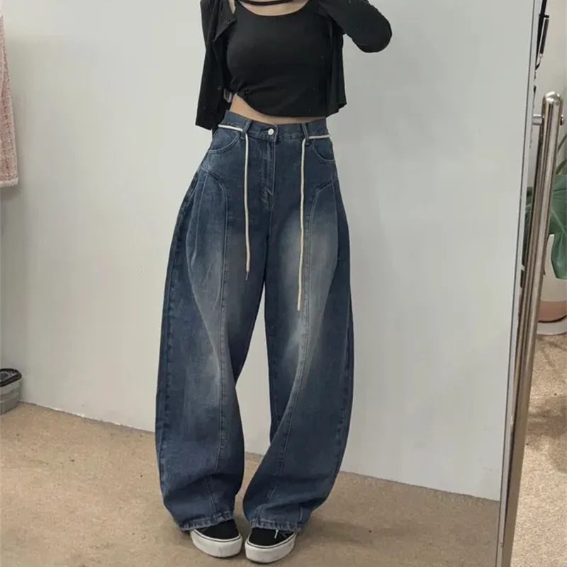 Retro Waed A-Waist Denim Jeans with Knot Rope And Needle Pleats Women's Korean Sle Casual Straight Leg Trousers