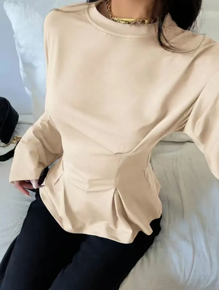 2026 New Solid Color Peplum Blouse Women Round Neck Flare Long Sleeve Waist Shaping Slim Casual Office Tops