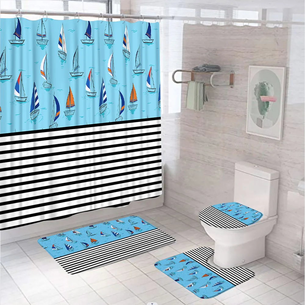 Beach Starfish Shower Curtain Set 3D Nautical Coastal Ocean Seashell Barn Wood Bathroom Curtains With Bath Mat Rug Toilet Cover