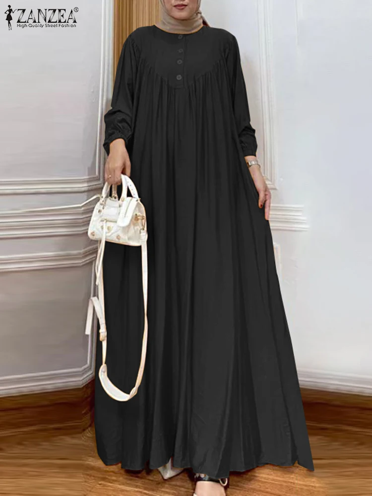 ZANZEA Women Dubai Turkey Abaya Maxi Long Dress Spring Hijab Muslim Sundress Robe Femme Fashion Long Sleeve Islamic Clothing