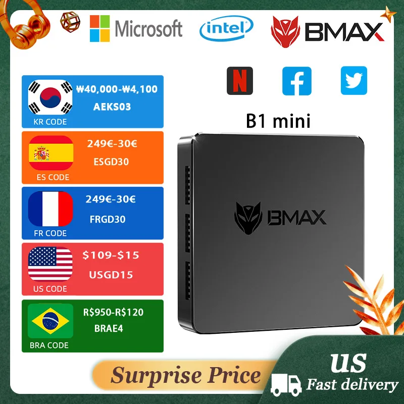 

BMAX- B1 Mini, Windows 11, Мини-компьютер, 8 ГБ ОЗУ, 128 ГБ SSD, двухдиапазонный Wi-Fi, USB Bluetooth 5,0, Intel N4000, офисный компьютер