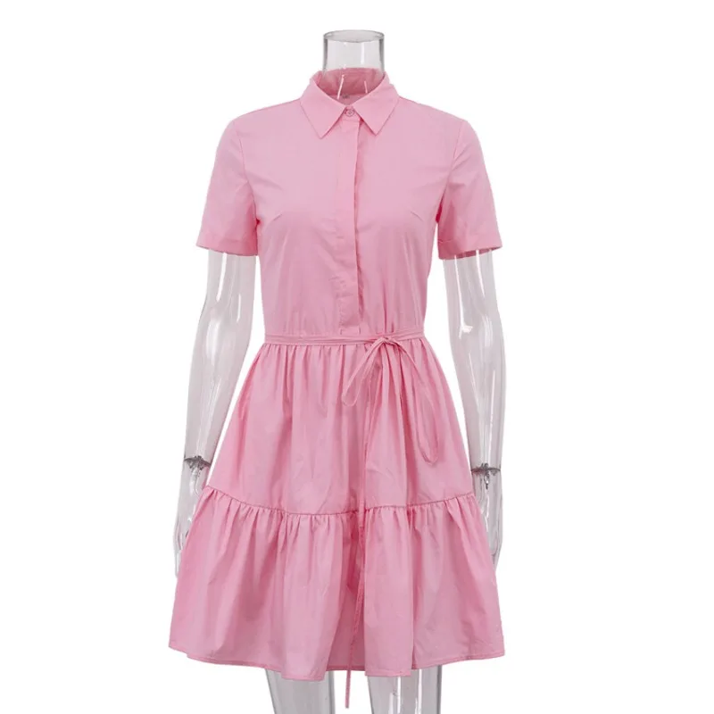 Sweet Women Pink Mini Shirt Dress Elegant Lapel Tiered Ruffle Loose Flowy A-line Dress Chic Summer Beach Vacation Dating Outfits