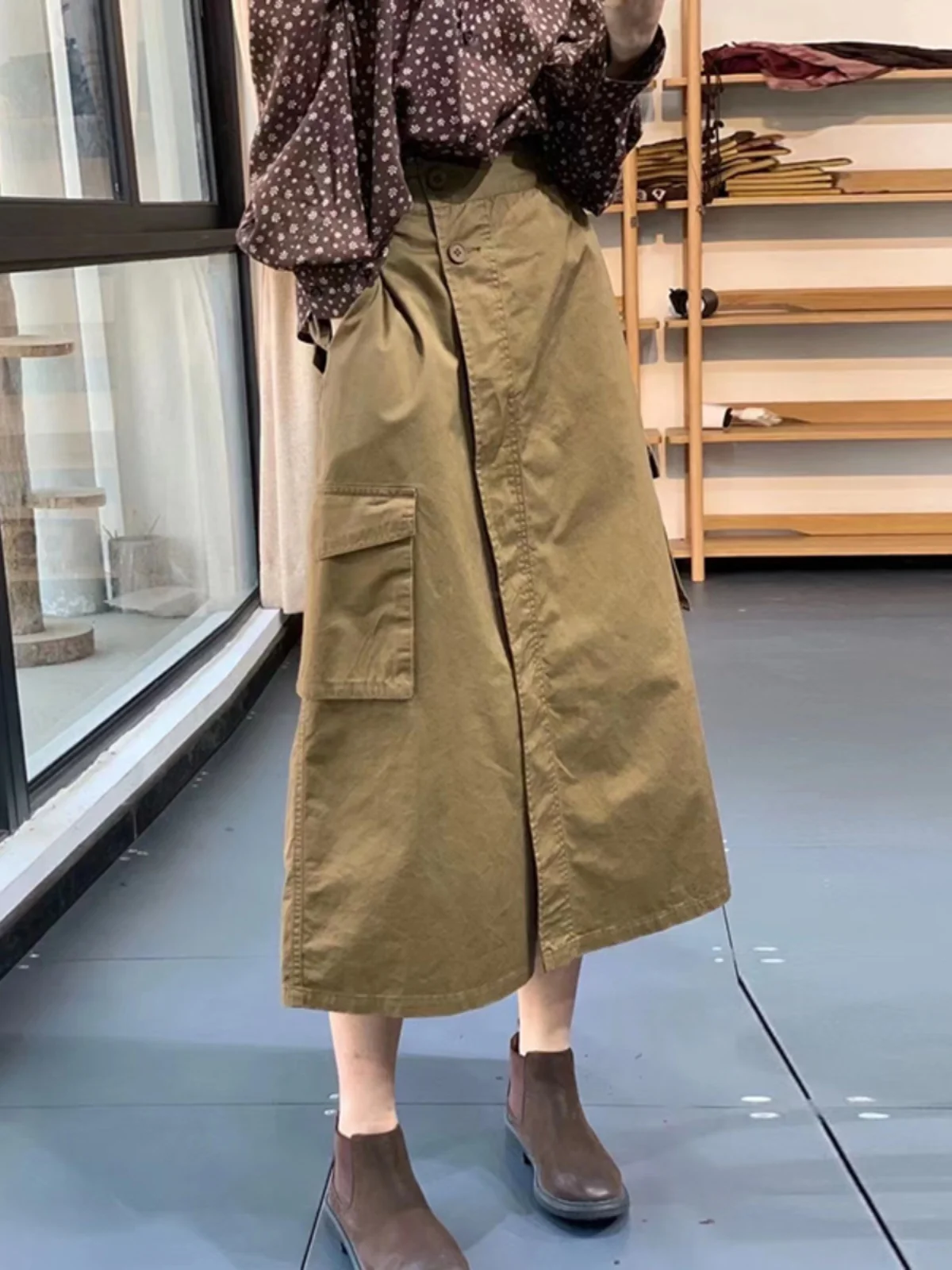 

High Waist A-Line Midi Skirt with Large kets Loose Fit Women's Workwear Sle Spring Autumn Slimming Design Unique