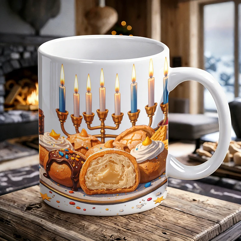 

Hanukkah Nine-Branch Menorah Donut Ceramic Mug, Coffee Cup, Milk Cup, Office Tea Cup, Drinking Cup, Fade-Resistant