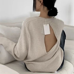Sexy Backless Knitted Sweaters Women Korean Hollow Out Long Sleeve Lazy Wind Pullover Vintage Loose Casual O Neck Streetwear Top