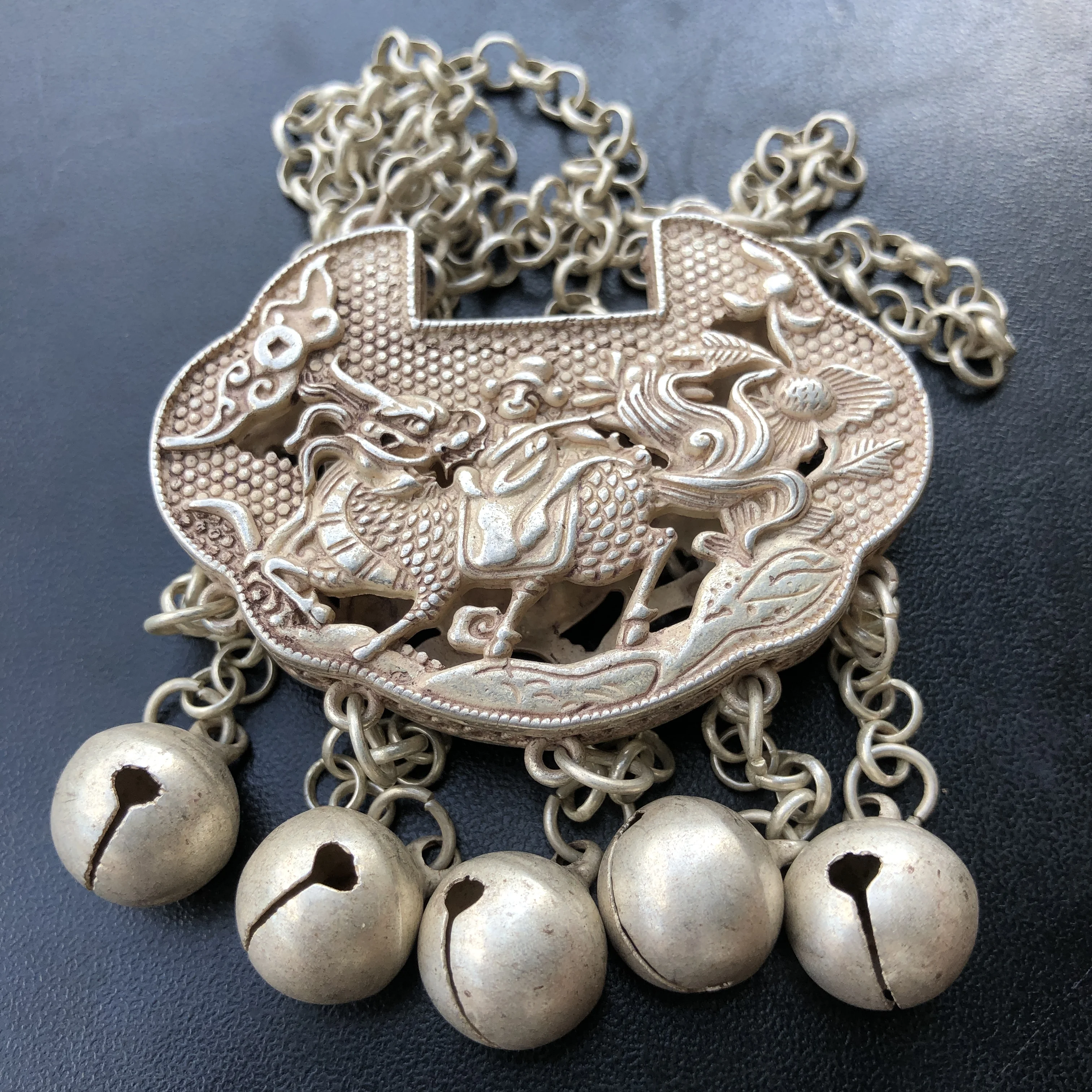 Vintage Chinese Silver Lock Necklace, Kirin Scholar Carved Longevity Lock with Bells, Zhuangyuan Jidi Antique Ethnic Pendant Jew
