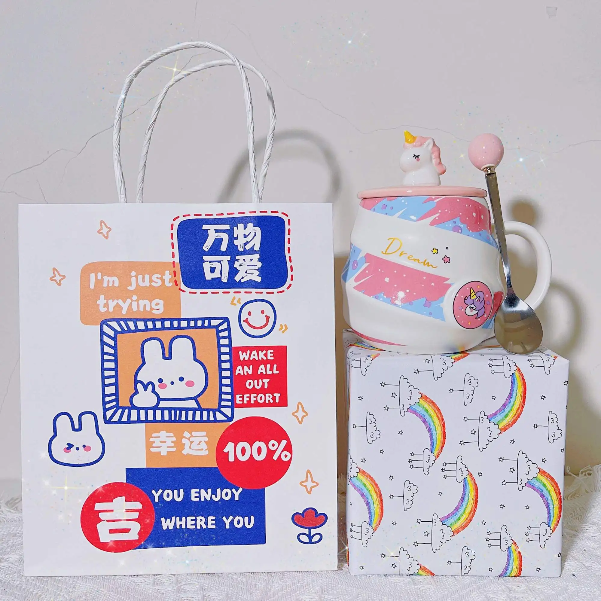 400ml Cute Unicorn Ceramic Cup Ins High Beauty Coffee Mug with Spoon Straw Box Dust Plug Small Summer Couple Water Cups Gift