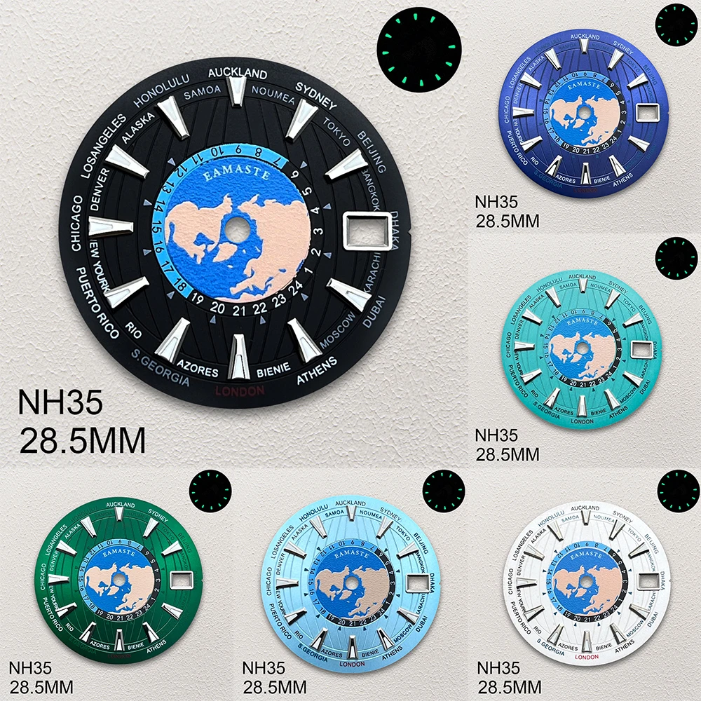 

28.5mm S Logo World Map Dial Fit NH35/NH36/4R/7S Japanese Automatic Movement Green Luminous Watch Modification Accessories