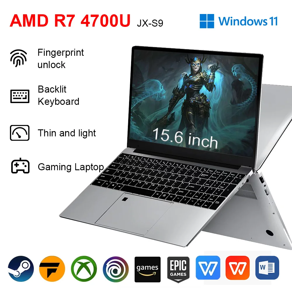NUOVO Sottile e leggero Laptop da 15.6 pollici AMD R7 4700U Tastiera retroilluminata Windows 11 32GB DDR4 2TB Computer portatile da gioco per impronte digitali