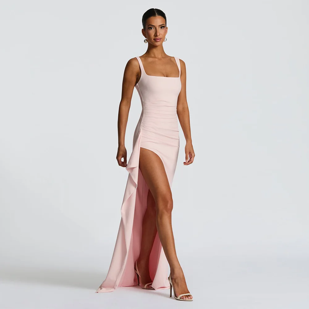 

Summer New Women Rosered Stain V Neck Sling Dress Elegant Sleeveless Loose Maxi Robes Ladies Party Holiday Dresses Backless