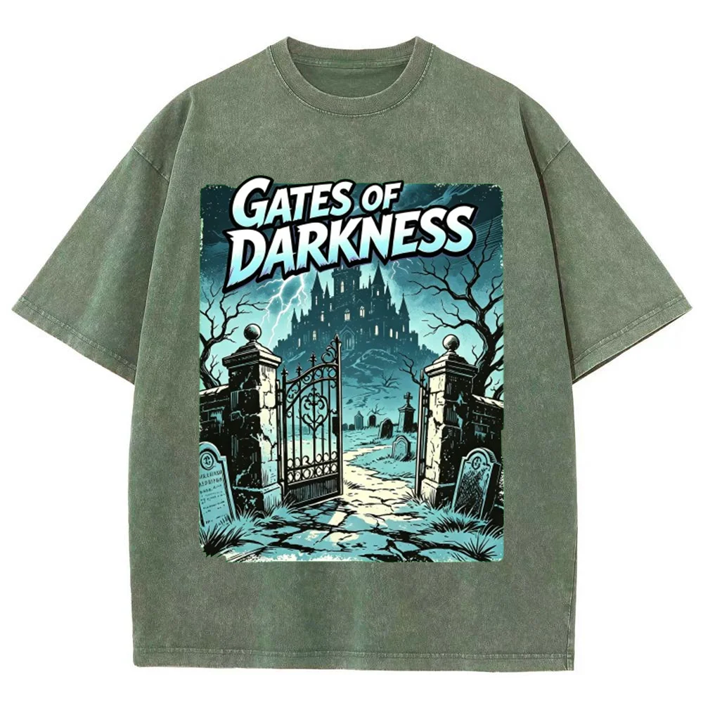 Men  Vintage Gothic Graphic T Shirt Dark Castle Graveyard Gates Of Darkness Print Casual Streetwear Short Sleeve Top ﻿