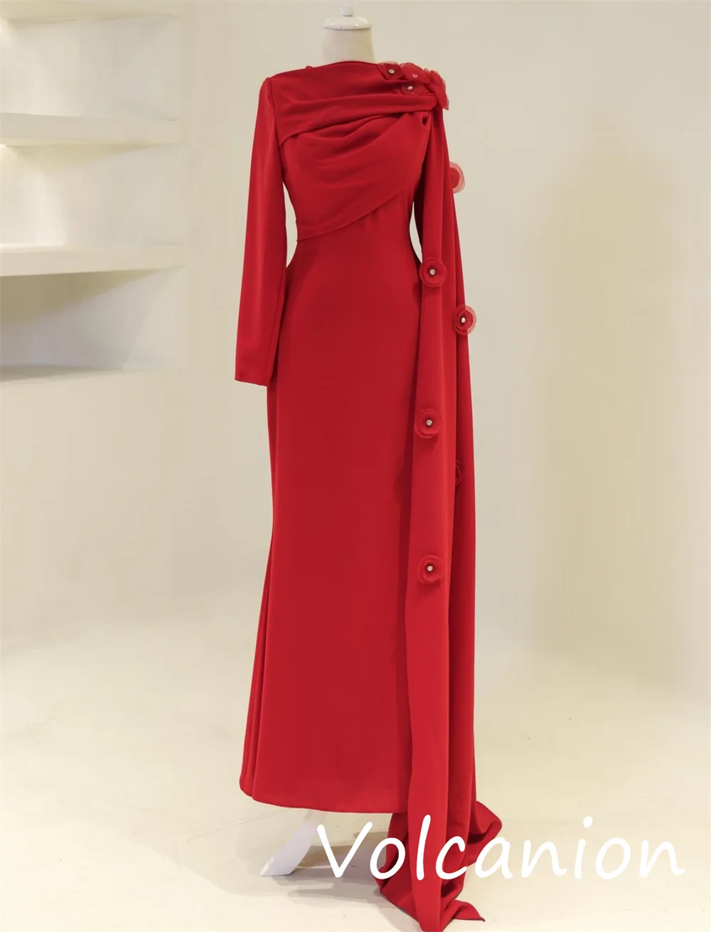 تخصيص النمط الصيني جيرسي زهرة الطية ألف خط مغرفة الرقبة فساتين طويلة مناسبة مخصصة رائعة