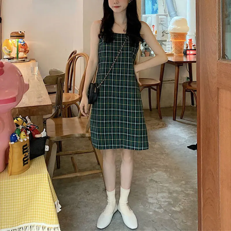 

Vintage Plaid Straight Slip Dresses Women's Clothing Contrasting Colors Summer Sleeveless Elegant Slash Neck Fashion Mini Dress