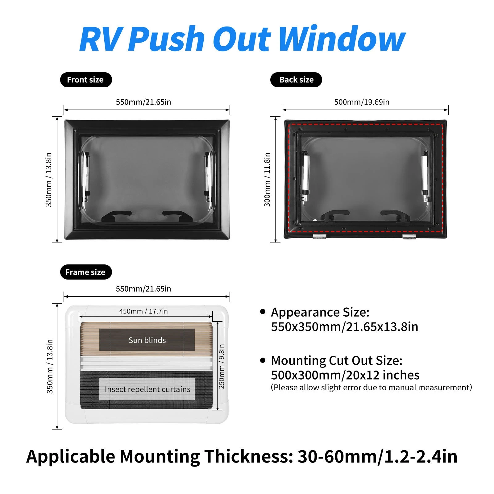 Janela de ventilação para Rv 20 x 12 pol. Janela para Rv push out resistente à prova d'água com tela e guarda-sol para trailer