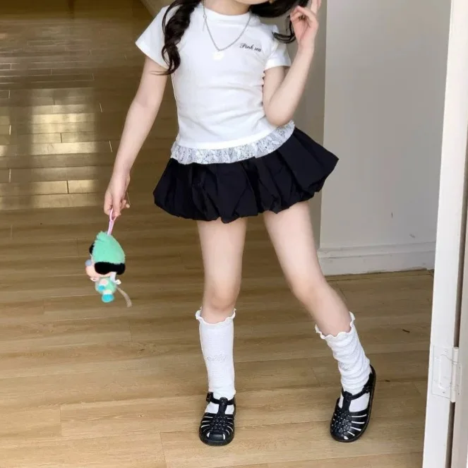 

Summer Girl Suit Baby Foreign Style Children's Fashionable Korean Version Lace Letter T-shirt Bud Short Skirt Pants