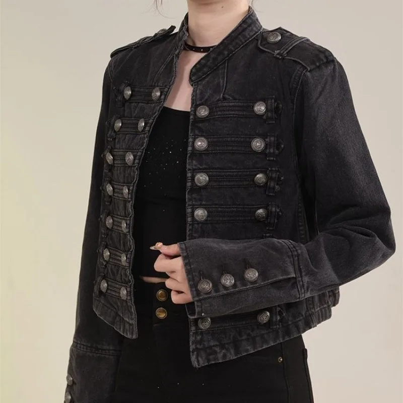 

Luxury High Quality Punk Short Denim Jacket for Women Autumn Stand Collar Biker Jacket Long-Sleeve Denim Top Short Coat Trendy