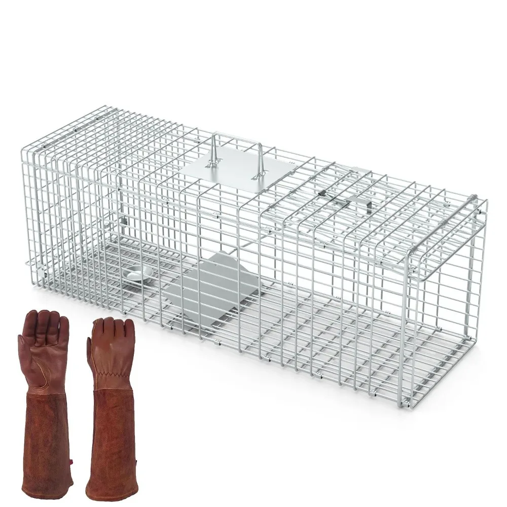 Humane Cat Trap Cage With Gloves Catch Release Live Animal Rodent Cage Collapsible Galvanized Wire for Raccoons Beavers Groundhogs Foxes Armadillos，Live animal cage trap, humane cat, rodent control