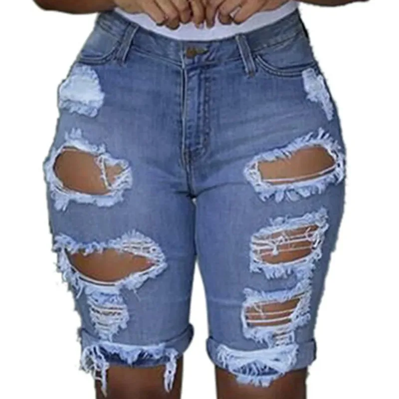 Pop Denim Shorts Women Plus Size Destroyed Hole Leggings Short Pants Denim Shorts Ripped Jeans Jean Shorts For Womens Plus Size