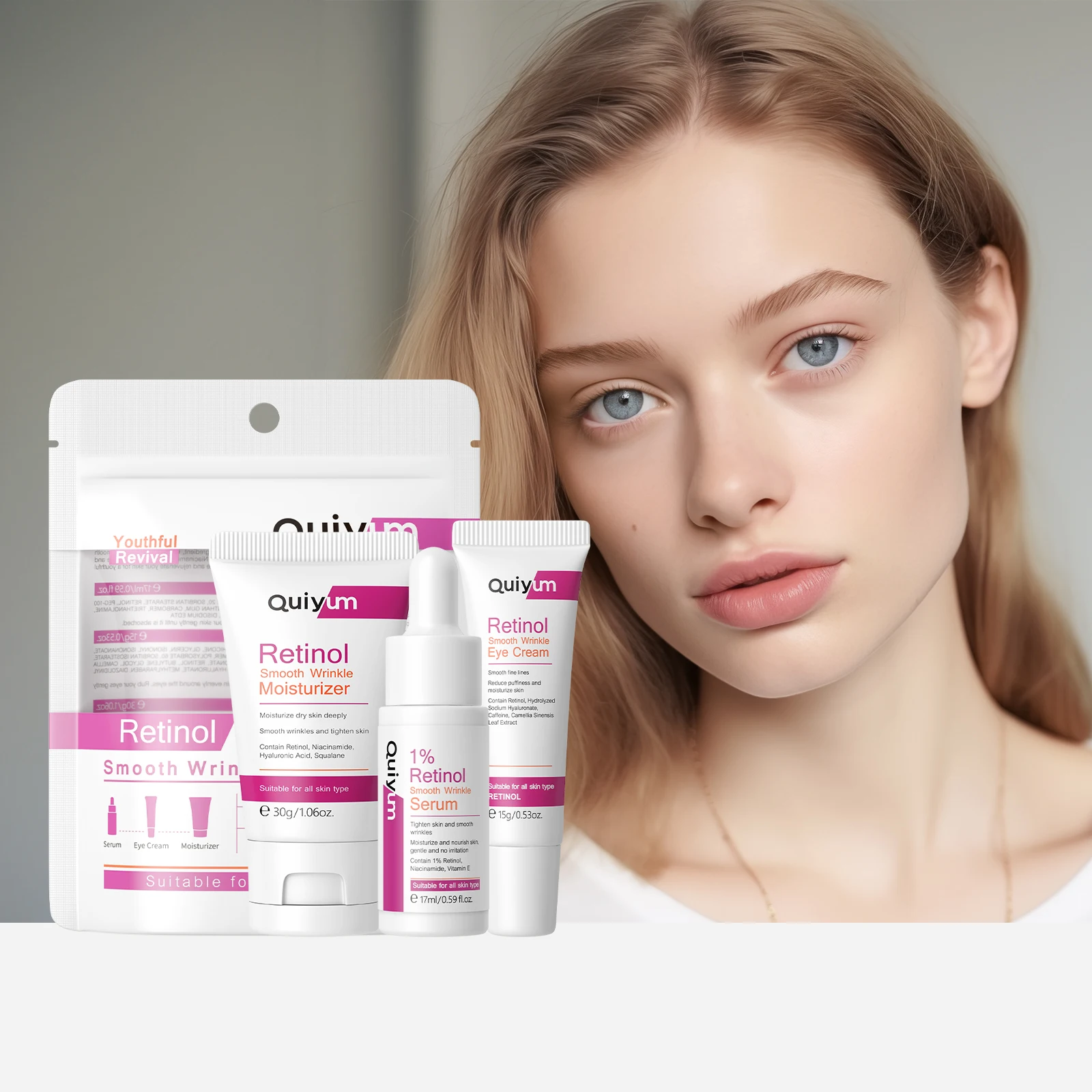 QUIYUM Retinol Smooth Wrinkle Skincare Set · For All Skin Type· Smooth wrinkles & Fine Lines Improve Skin Elasticity & Radiance