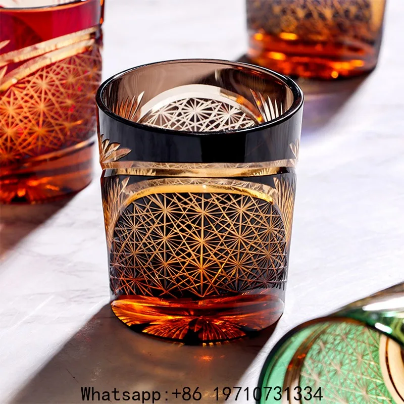 Generic Handcrafted Amber Whiskey Glass – Japanese Kiriko Style Cut Crystal, Crane Feather Chrysanthemum Pattern, Gift Box