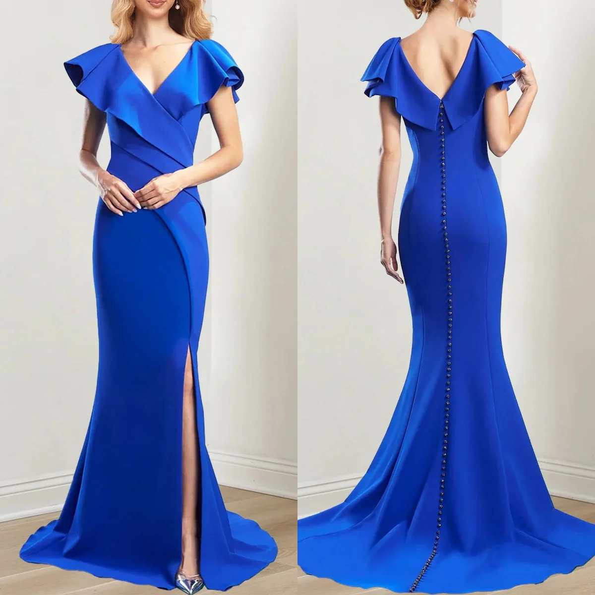 

Elegant Royal Blue Evening Dresses Ruffles Mermaid Mother of Bride Dresses Charming V Neck Celebrity Wedding Guest Gowns