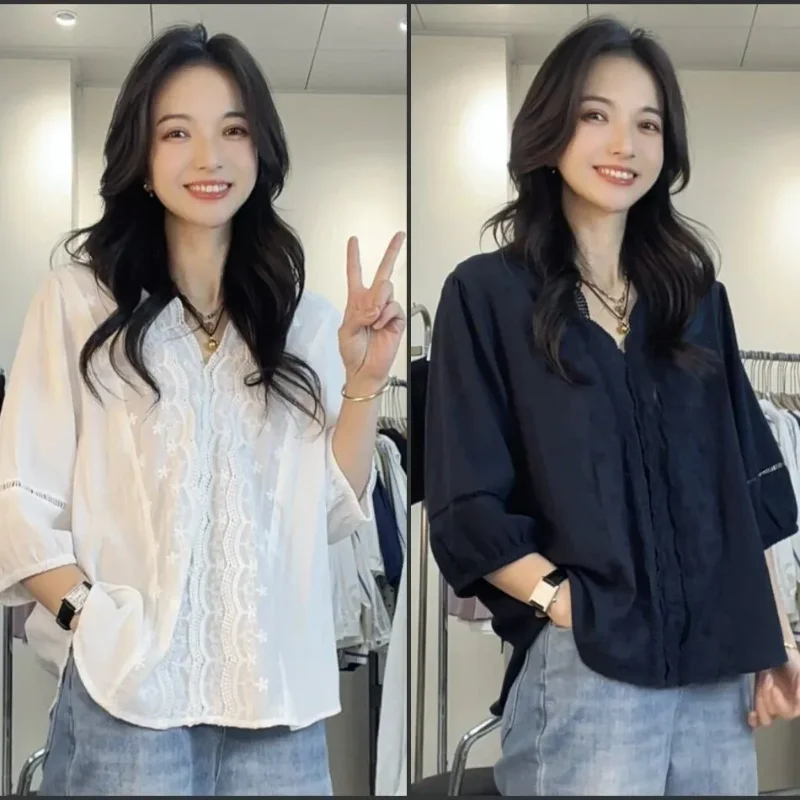 

Women's V Neck Lace Blouse 3/4 Sleeve Loose Casual Cotton Shirt White Black