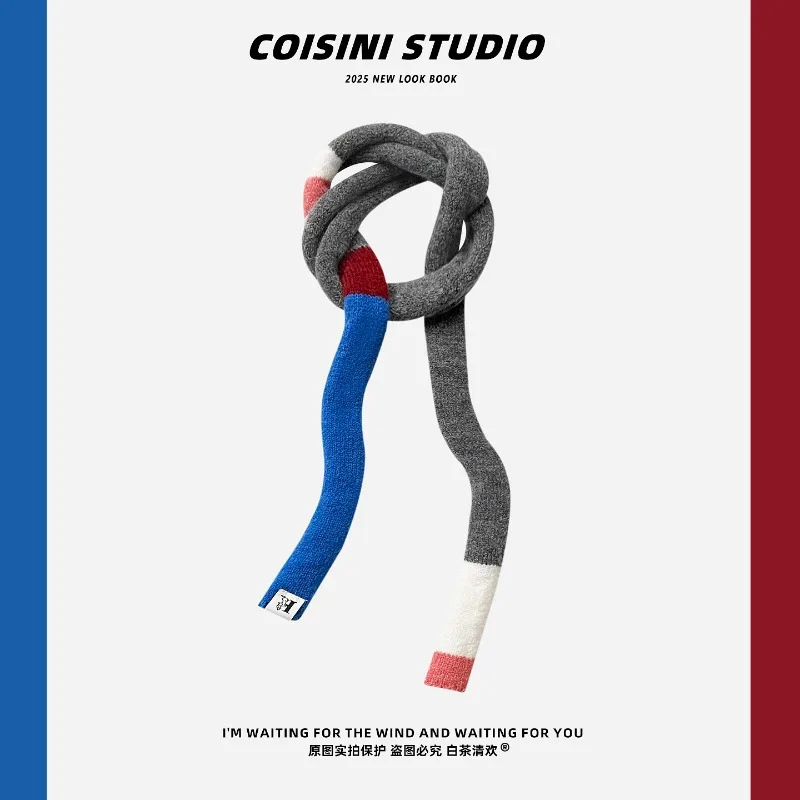 

New Dopamine Contrasting Color Splicing Thin Strip Knitted Scarves for Women Autumn and Winter Warm Versatile Elegant Scarf