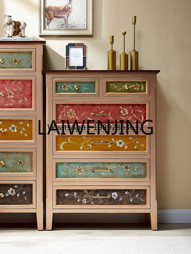 7ZSPAmerican Painted Chest of Drawers Home Living Room Simple Bedroom Storage Cabinet Retro Hand Painted Decoration