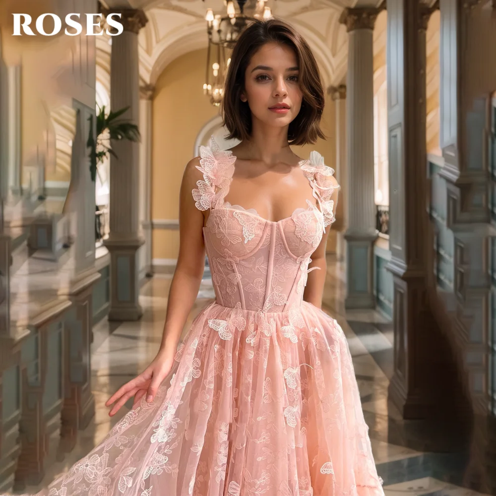 ROSES Pink Elegant Prom Dress Deep Sweetheart 3D-Butterfly Straps Prom Gown with Fishbone Lovely Bow A-Line Ball Gown Customized