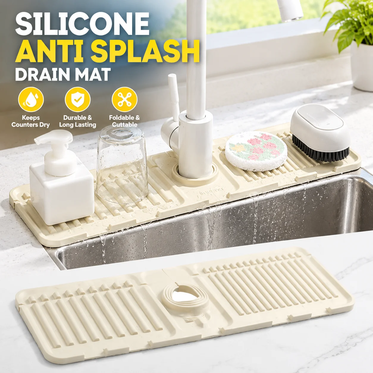 Silicone Anti Splash Drain Mat for Kitchen Sink, Foldable Cuttable Narrow Edge Water Blocking Absorbent Pad, Sturdy Durable Easy