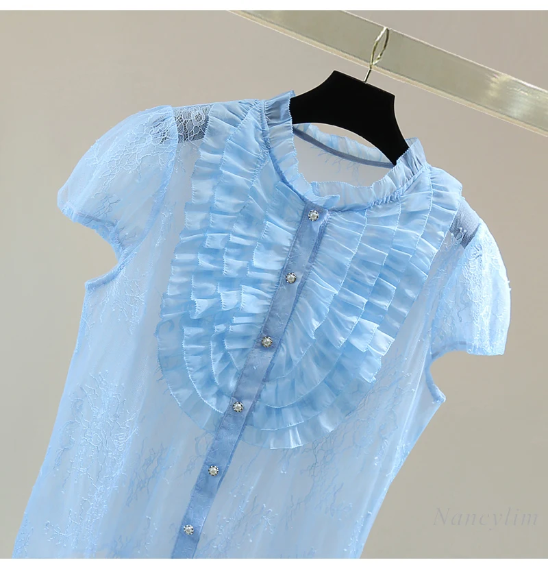 Ruffles Edge Short-sleeved Blue Shirt 2025 Women Summer Lotus Leaf Edge Embroidered Solid Color Casual Lace Blouse Tops