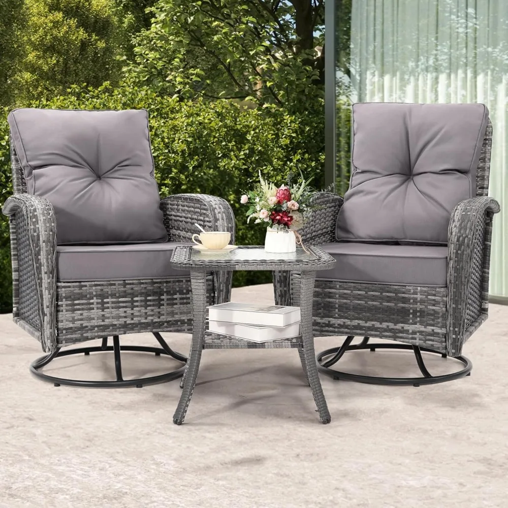 3 Piece Patio Furniture Set, Outdoor Swivel Glider Rocker, Wicker Patio Bistro Set with Rattan Rocking Chair, Glass Top Table f