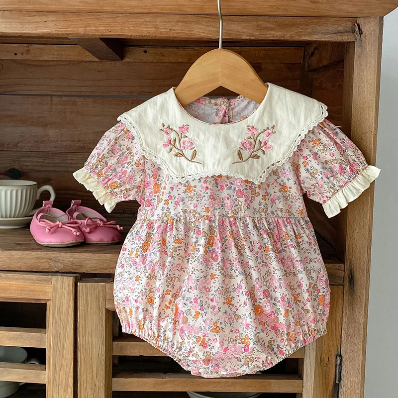 2024 New Summer Toddler Baby Girl Romper Short Sleeved Cotton Floral Printing Newborn Baby Girl Jumpsuit Children Clothes