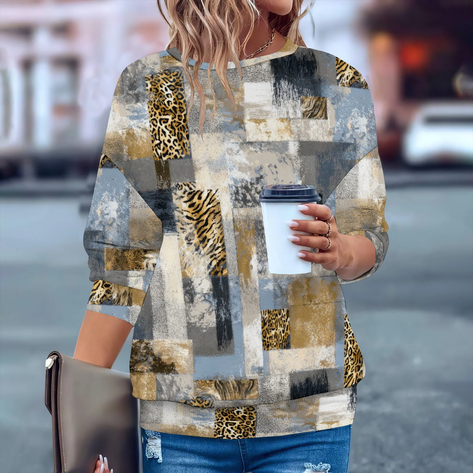 Camicia da donna alla moda a maniche lunghe Y2k con grafica autunnale Felpa basic leggera e comoda girocollo
