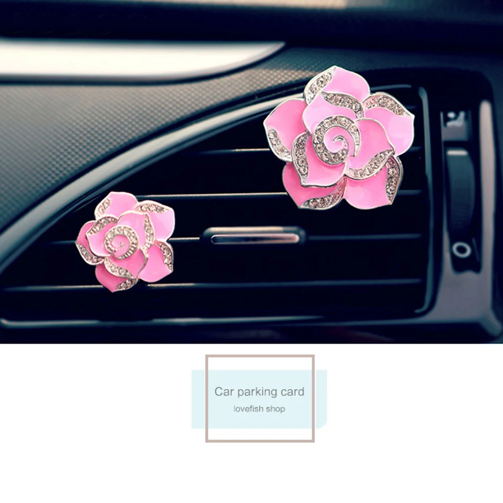 Car Air Vent Decorations Cute Camellia Rhinestone Encrusted Fragrance Air Freshener Holders Auto Car Interior Decoration (White)